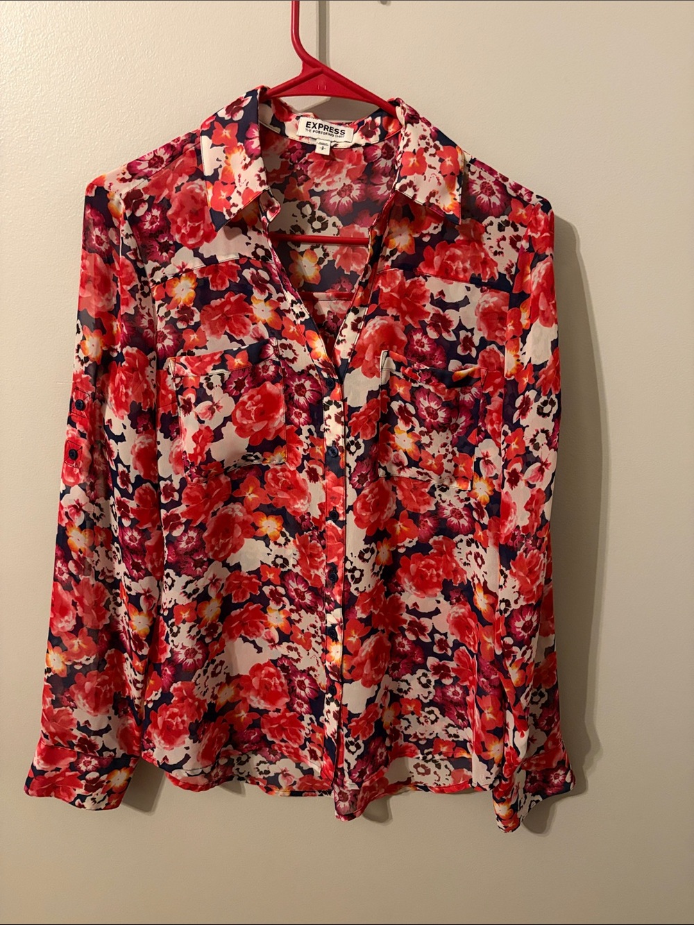 Express Floral Button-Up Portofino Blouse in Pink, Red and Navy